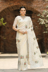 Shiny Zari Chiffon Embroidery Work Saree